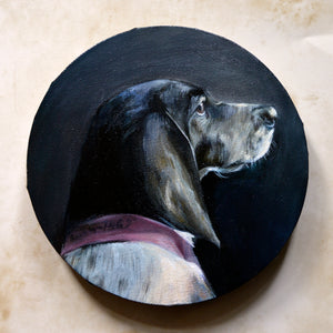Oil dog portrait on a round canvas - About Face Illustration