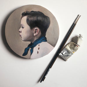 Oil portrait on a round canvas (painted from a photograph) - About Face Illustration